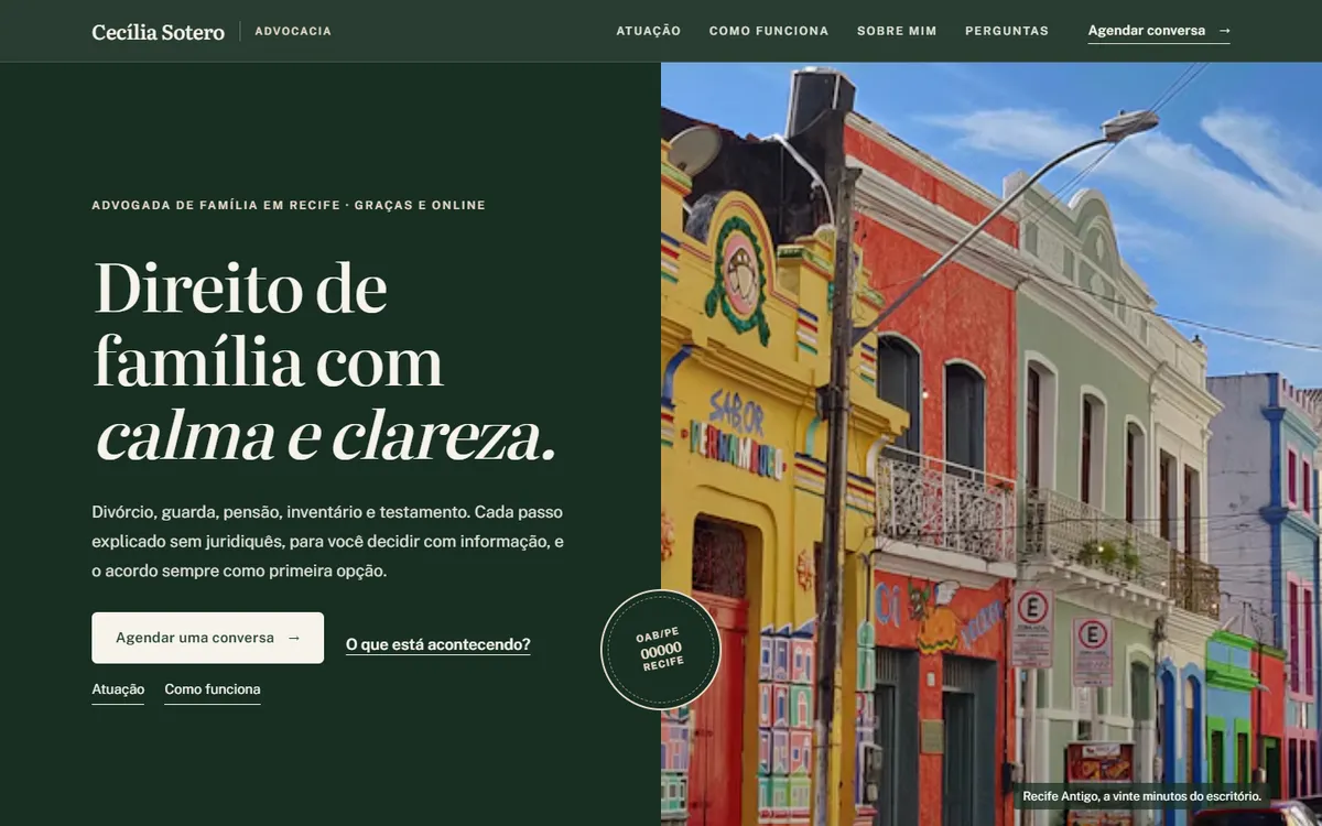 Página inicial do site de demonstração de Cecília Sotero, advogada