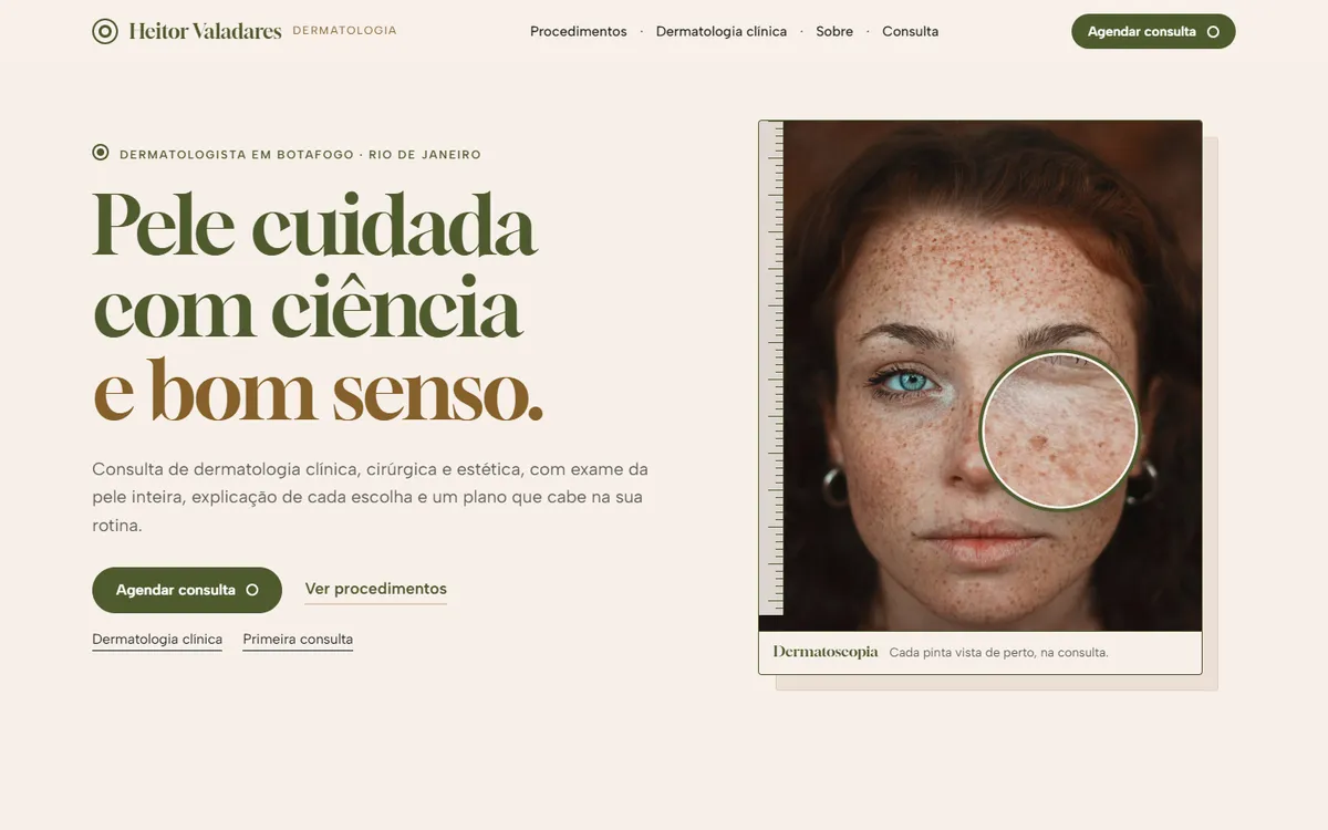 Página inicial do site de demonstração de Heitor Valadares, dermatologista