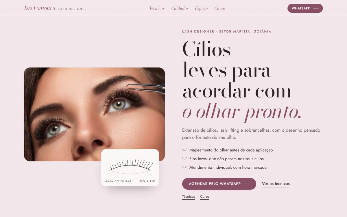 Página inicial do site de demonstração de Ísis Fontoura, lash designer