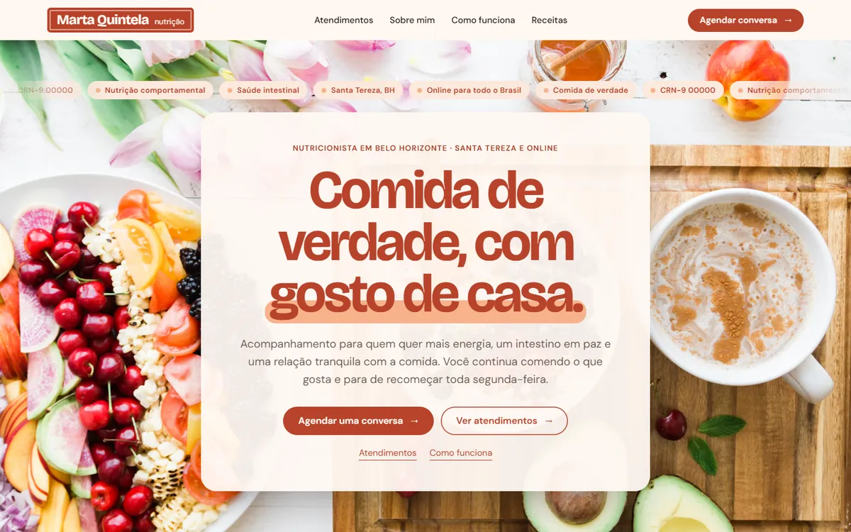 Página inicial do site de demonstração de Marta Quintela, nutricionista