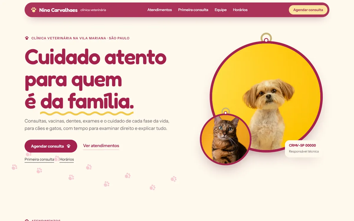 Página inicial do site de demonstração de Nina Carvalhaes, clínica veterinária