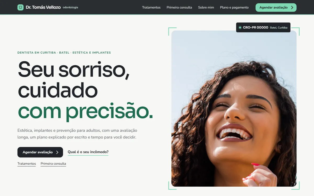Página inicial do site de demonstração de Tomás Vellozo, dentista