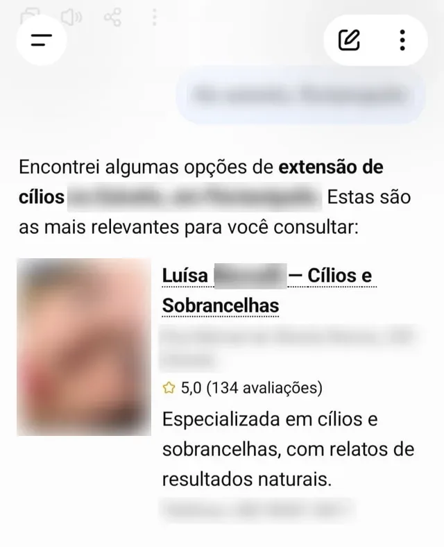 Resposta do ChatGPT indicando o estúdio da Luisa como primeira opção de extensão de cílios
