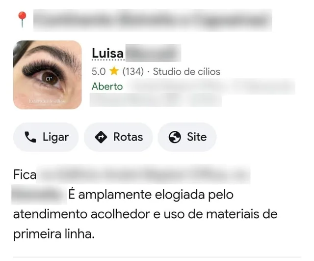 Resposta da IA do Google indicando o estúdio da Luisa na região